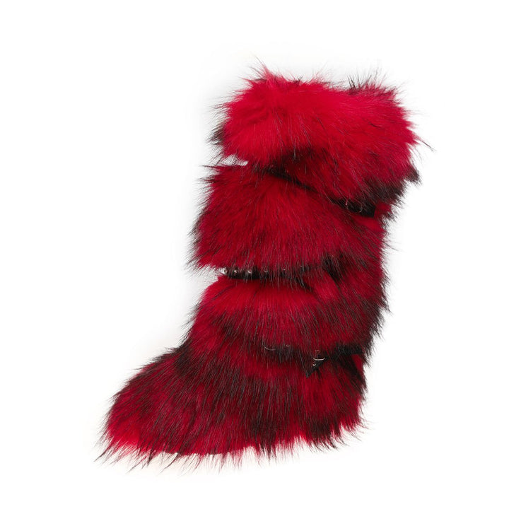 Womens Faux Fur Boot Winter Fluffy Long Furry Boots for Girls Outdoor Fuzzy Knee-High Sexy Snow Boots with Cross Straps and Buckle
