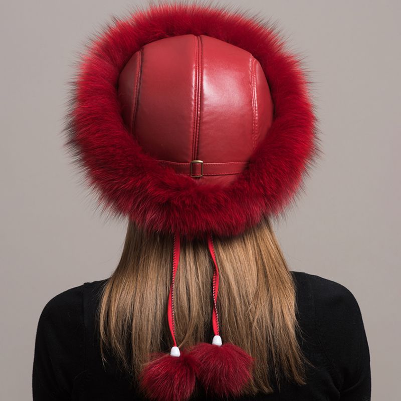 Women's Winter Fox Fur Roller Hat Sheepskin Pom Pom Fur Round Hat