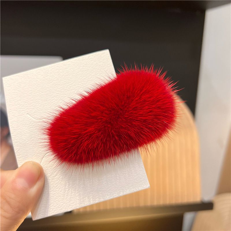 Mink Fur Hair Clip Soft Fluffy Oval Snap Hair Barrette