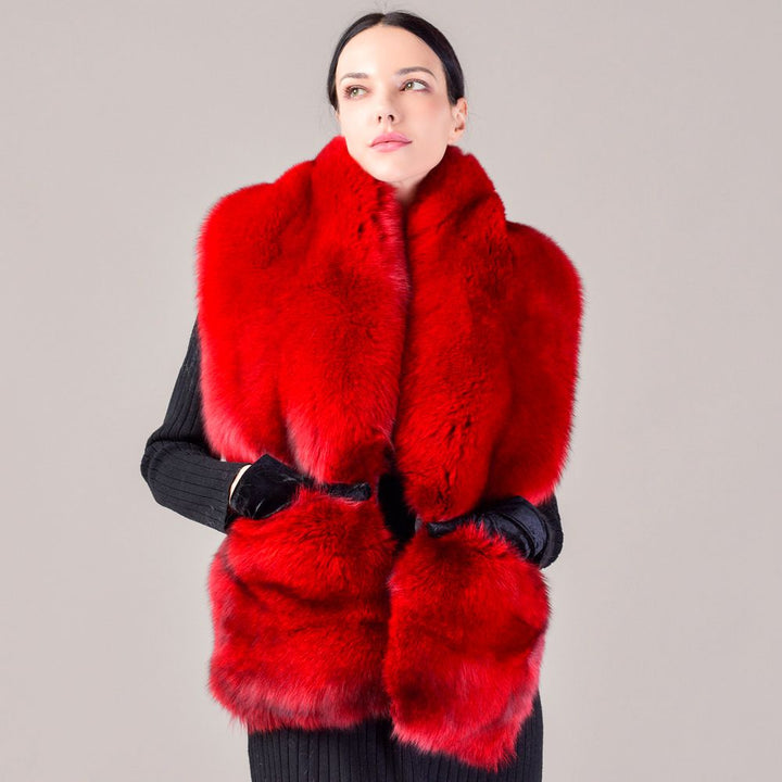 Women's Oversized Real Fox Fur Shawl Wrap Large Fur Collar Scarf with Pocket for Parties and Wedding