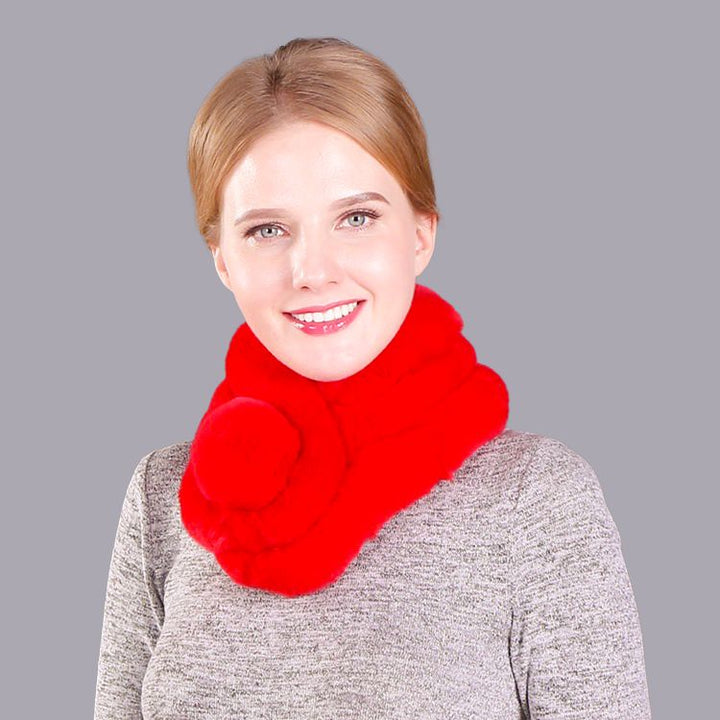Luxury Real Rabbit Fur Collar Scarf with Pom-Pom Soft Winter Neck Warmer