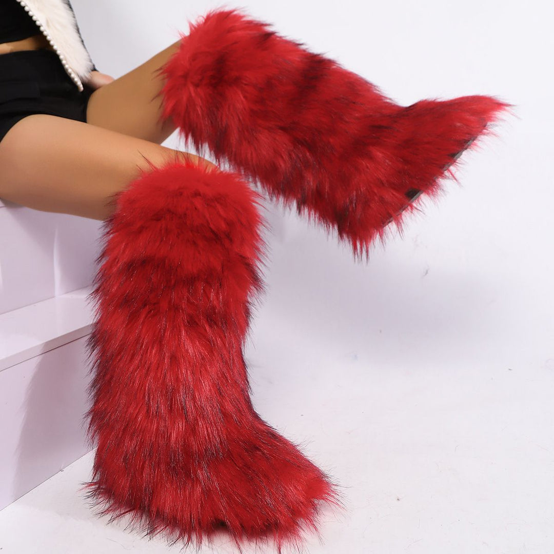 Womens Faux Fur Boot Winter Fluffy Long Furry Boots for Girls Outdoor Fuzzy Knee-High Boots