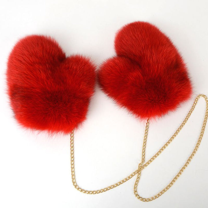 Luxury Real Fox Fur Mittens with Chain Strap Warm Winter Leather Fur Gloves for Women