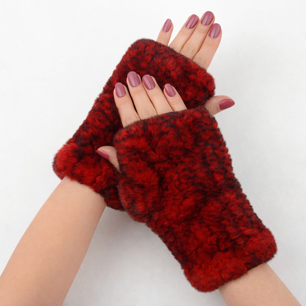 Women’s Real Rabbit Fur Fingerless Gloves Soft Plush Winter Knitted Mittens