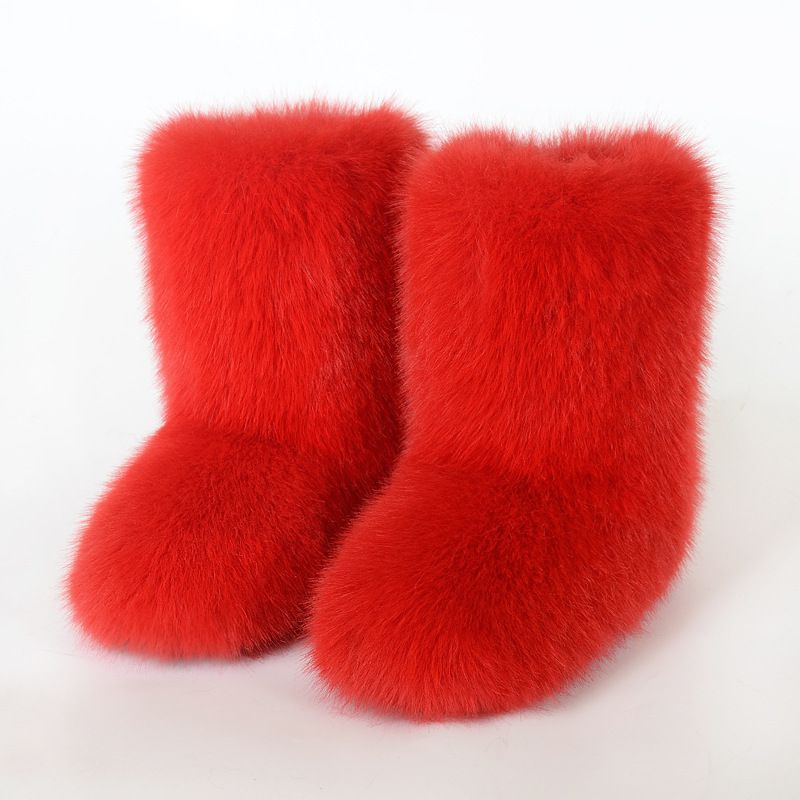 Faux Fox Fur Snow Boots for Women Winter Furry Cozy Slip-On Ankle Fur Boots