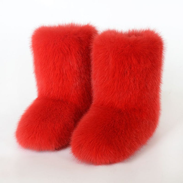 Faux Fox Fur Snow Boots for Women Winter Furry Cozy Slip-On Ankle Fur Boots