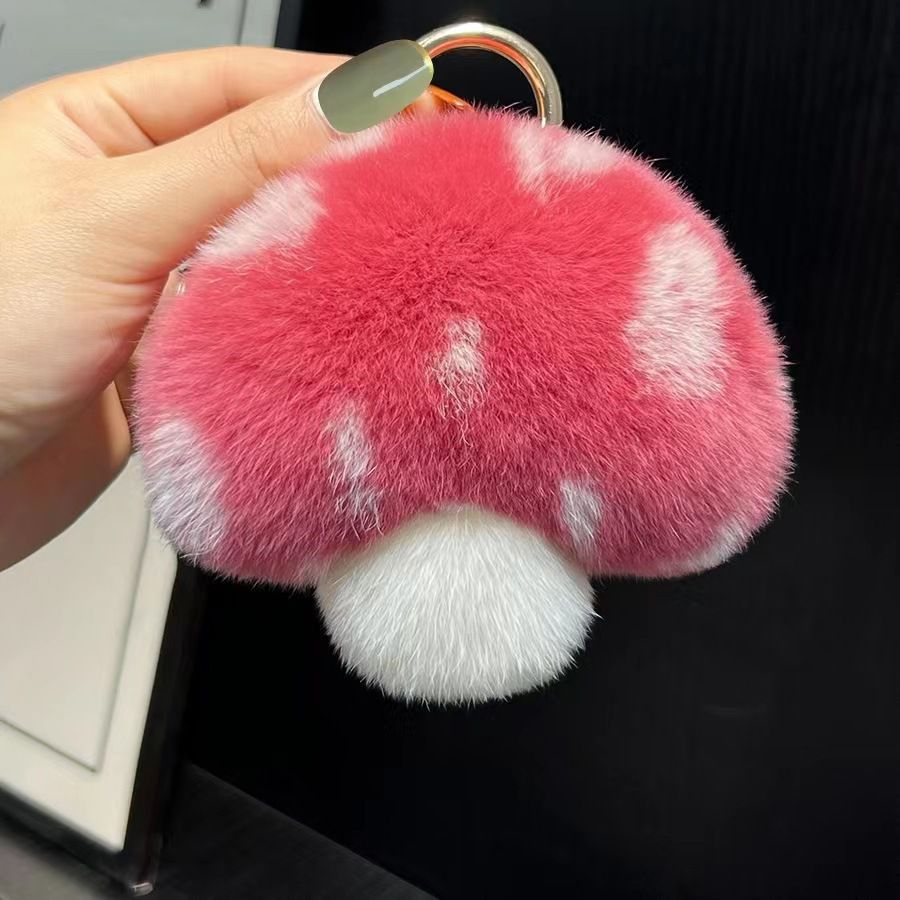 Cute Real Rex Rabbit Fur Mushroom Plush Keychain with White Polka Dots