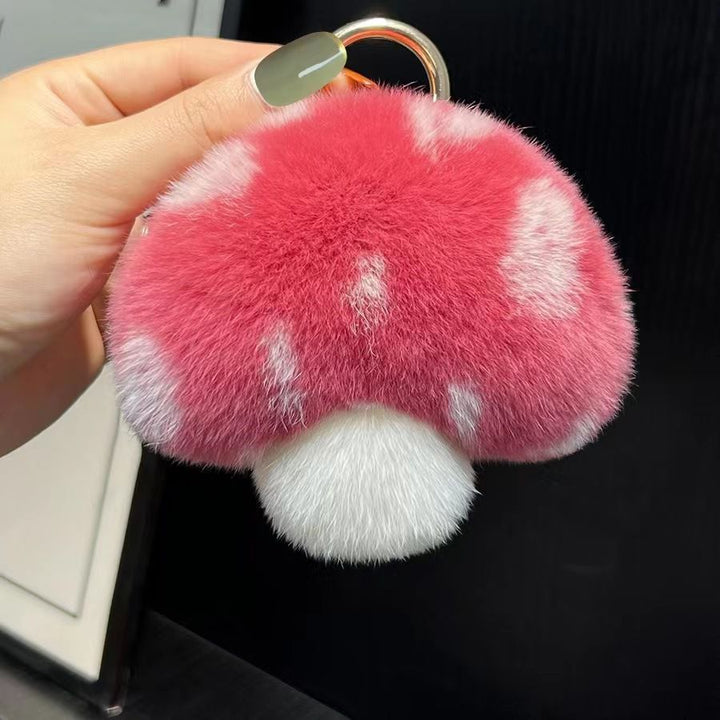 Cute Real Rex Rabbit Fur Mushroom Plush Keychain with White Polka Dots