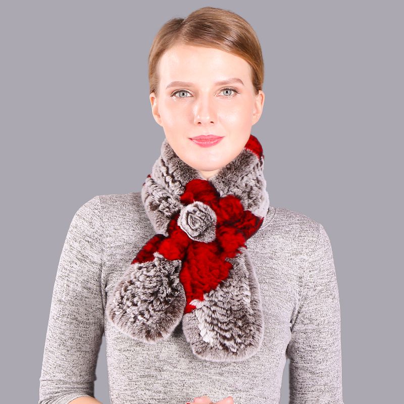 Soft Rabbit Fur Winter Wrap Scarf Stole with Rose Decoration
