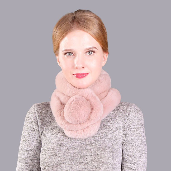 Luxury Real Rabbit Fur Collar Scarf with Pom-Pom Soft Winter Neck Warmer