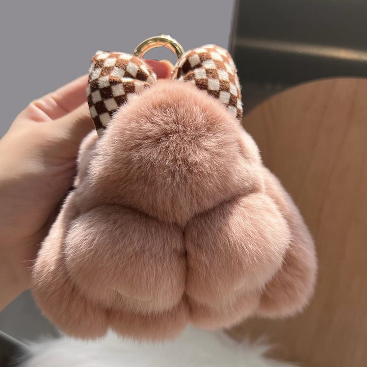 Real Rex Rabbit Fur Bunny Keychain Ultra-Soft Lop Eared Rabbit Key Ring with Bow