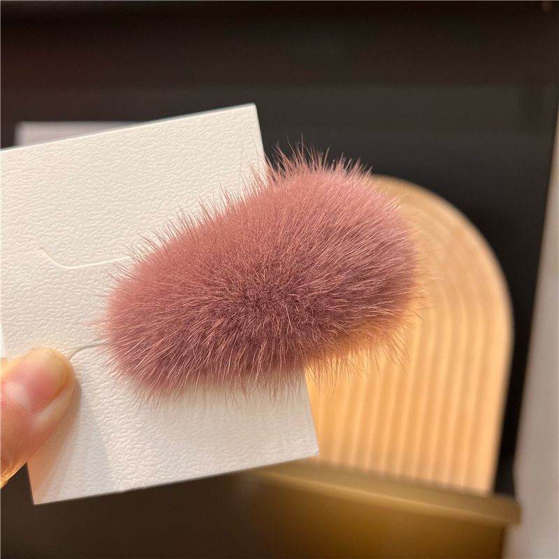 Mink Fur Hair Clip Soft Fluffy Oval Snap Hair Barrette