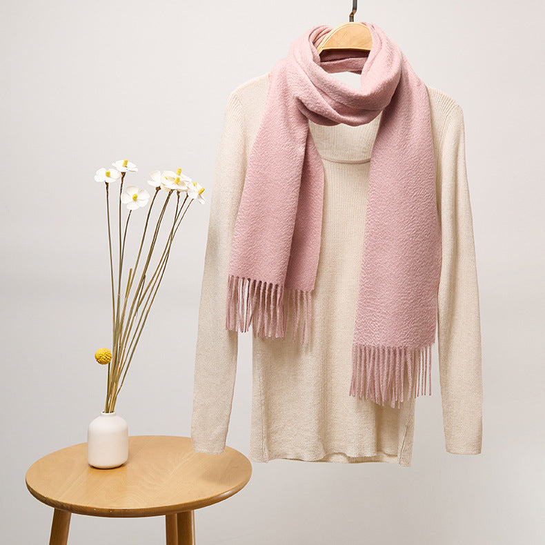 Basic Solid Color Long Cashmere Scarf with Tassels