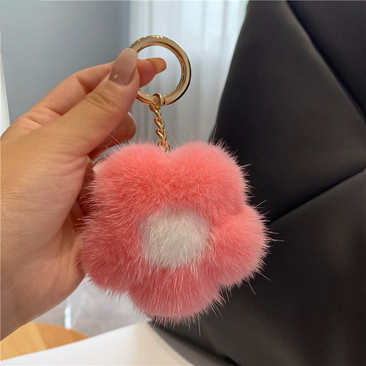 Cute Real Mink Fur Flower Car Keychain Fluffy Pom-Pom Luxury Bag Charm