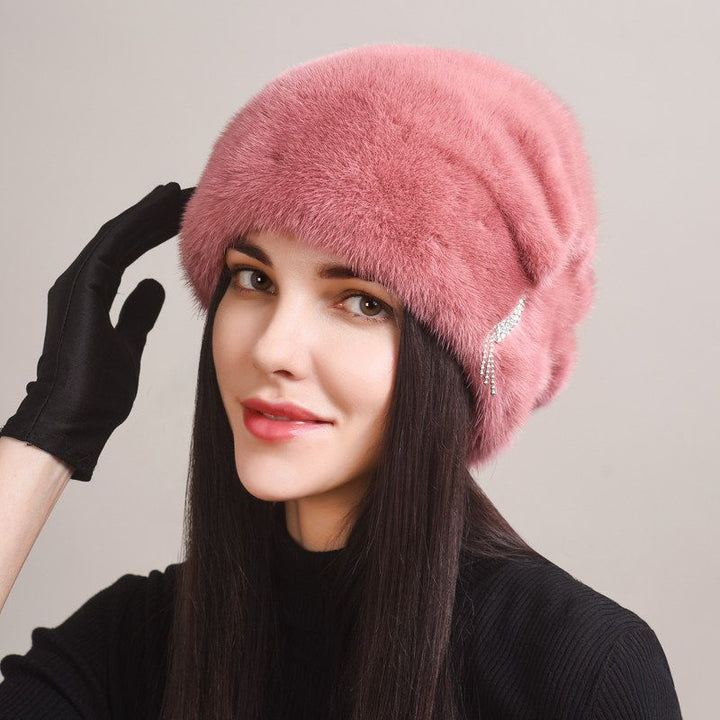 Tiger Printed Luxury Real Mink Fur Hat for Women Winter Slouchy Fur Beanie Beret Hat with Pom-Pom