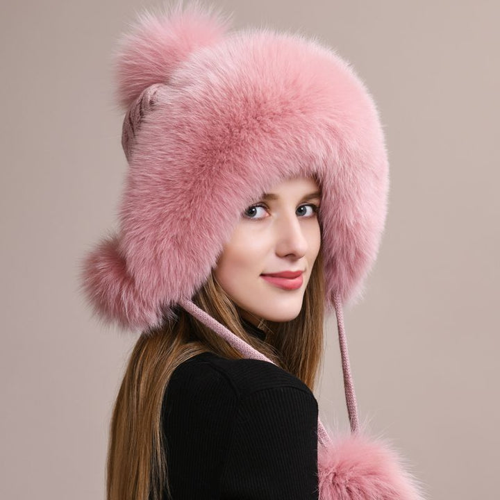 Luxury Real Fox Fur Pom Pom Hat Women Winter Knitted Trapper Hat with Full Fur Trim