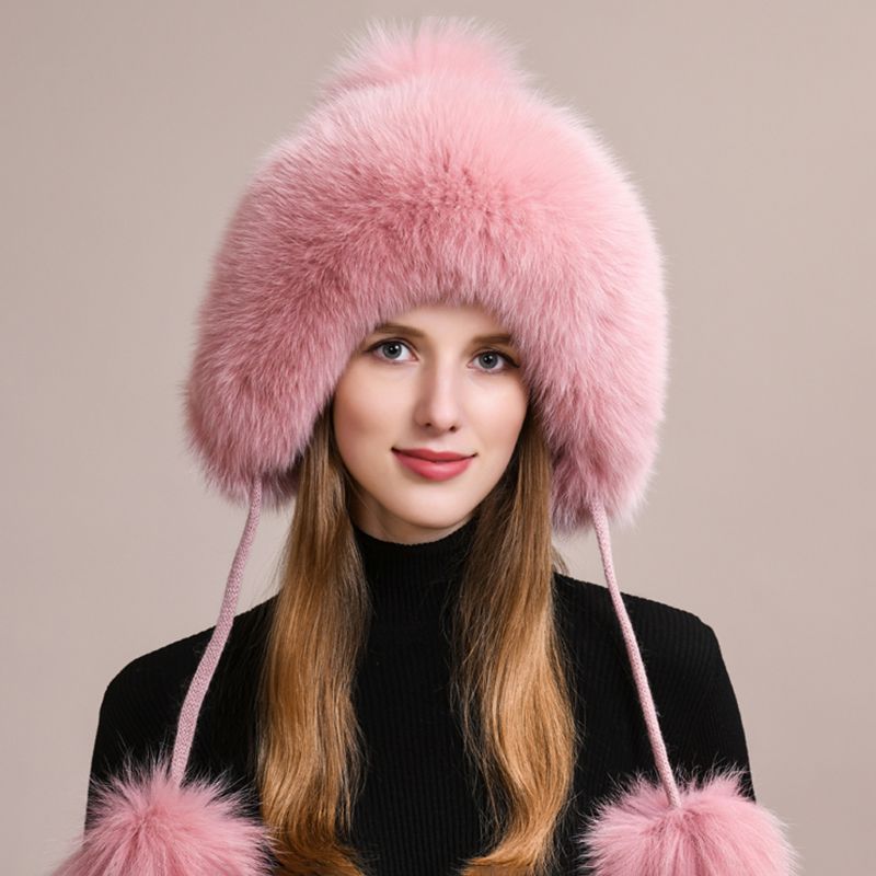 Luxury Real Fox Fur Pom Pom Hat Women Winter Knitted Trapper Hat with Full Fur Trim