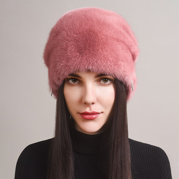 Tiger Printed Luxury Real Mink Fur Hat for Women Winter Slouchy Fur Beanie Beret Hat with Pom-Pom
