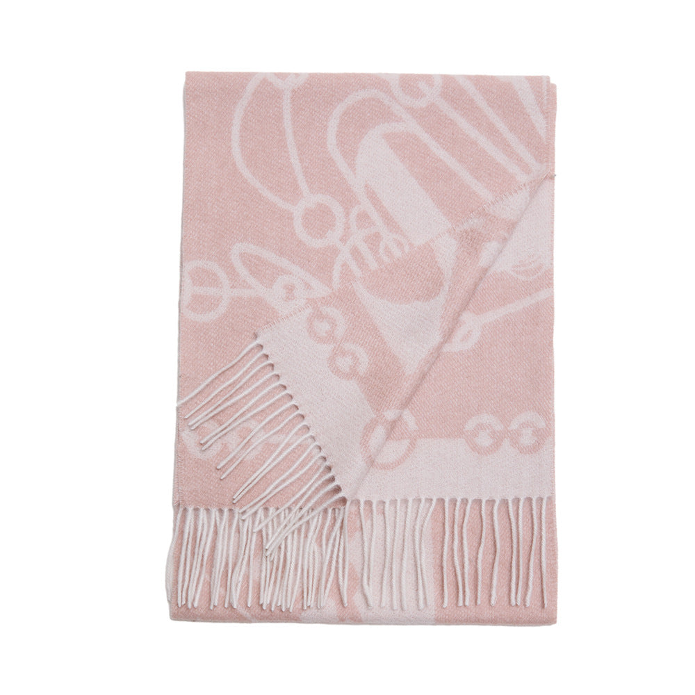 Women's Long Jacquard Cashmere Scarf with Elegant Tassels