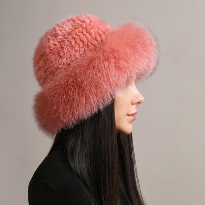 Luxury Mink Fur Hat for Women Full Fox Fur Brim Winter Bucket Hat