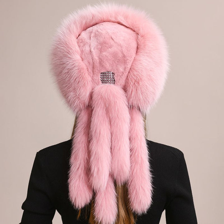 Soft Real Fox Fur Hat with Elegant Tails Women's Winter Fashion Cozy Full-Pelt Fur Beanie for Cold Weather