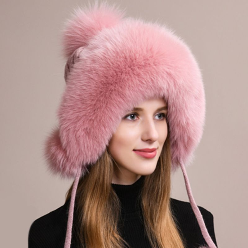 Luxury Real Fox Fur Pom Pom Hat Women Winter Knitted Trapper Hat with Full Fur Trim