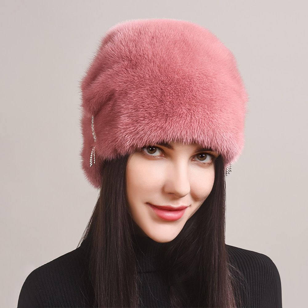 Tiger Printed Luxury Real Mink Fur Hat for Women Winter Slouchy Fur Beanie Beret Hat with Pom-Pom
