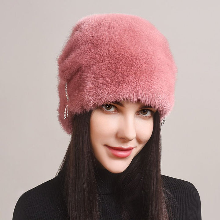 Tiger Printed Luxury Real Mink Fur Hat for Women Winter Slouchy Fur Beanie Beret Hat with Pom-Pom