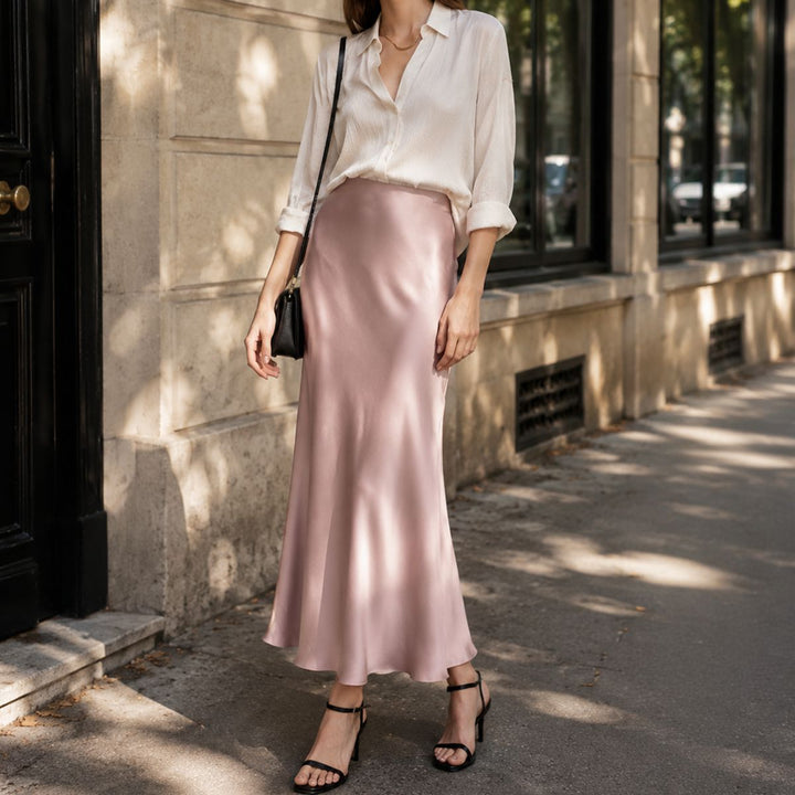 Women's 100% Mulberry Silk Maxi Slip Skirt Elegant High Waist Silk Bias Cut Long Skirt