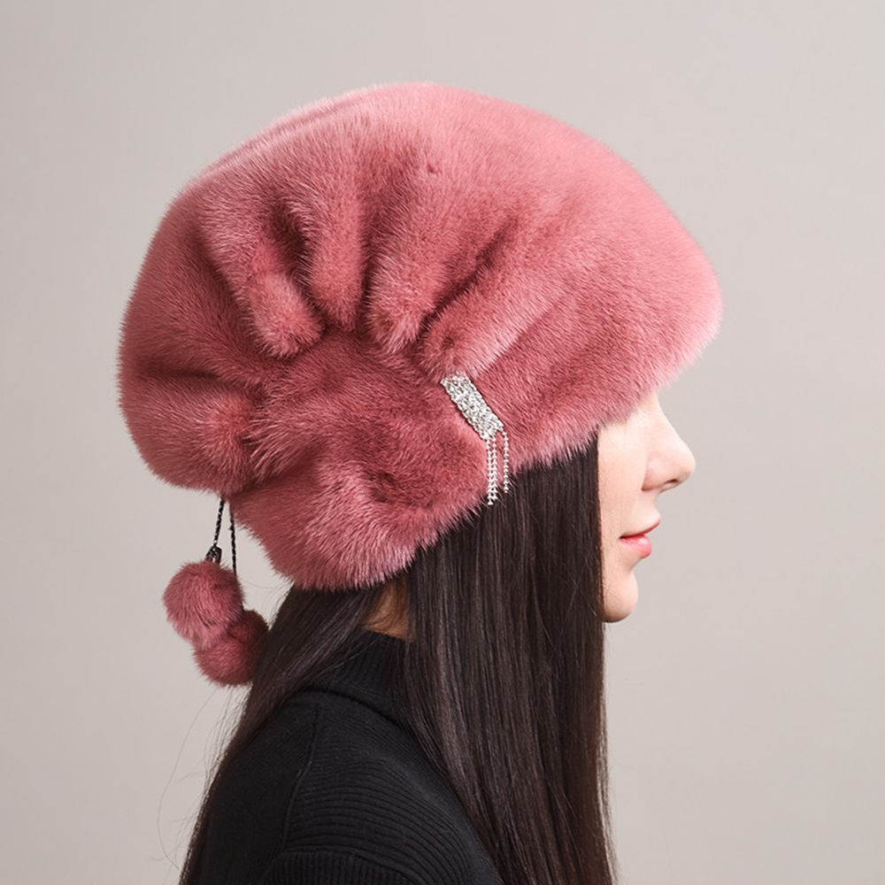 Tiger Printed Luxury Real Mink Fur Hat for Women Winter Slouchy Fur Beanie Beret Hat with Pom-Pom