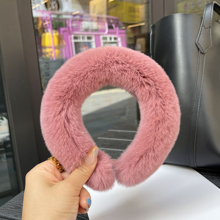 Real Rabbit Fur Headband Women's Soft Plush Leopard Print Hair Accessories