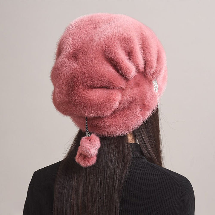 Tiger Printed Luxury Real Mink Fur Hat for Women Winter Slouchy Fur Beanie Beret Hat with Pom-Pom