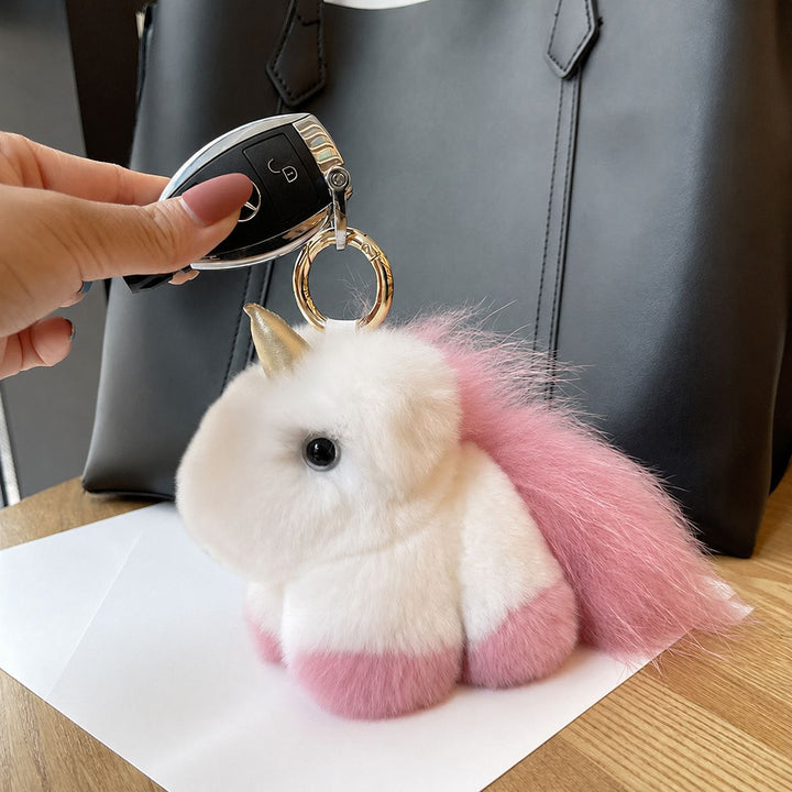 Real Rabbit Fur Unicorn Keychain Luxury Plush Bag Charm Car Key Ring Accessory