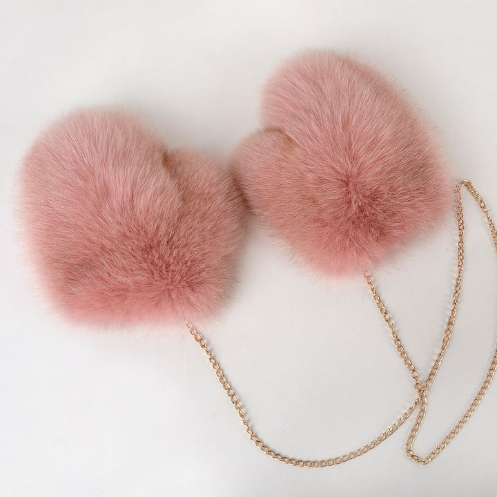 Luxury Real Fox Fur Mittens with Chain Strap Warm Winter Leather Fur Gloves for Women