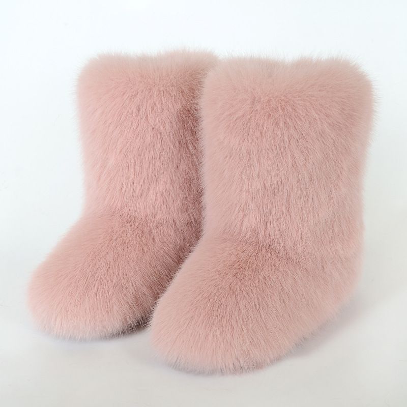 Faux Fox Fur Snow Boots for Women Winter Furry Cozy Slip-On Ankle Fur Boots