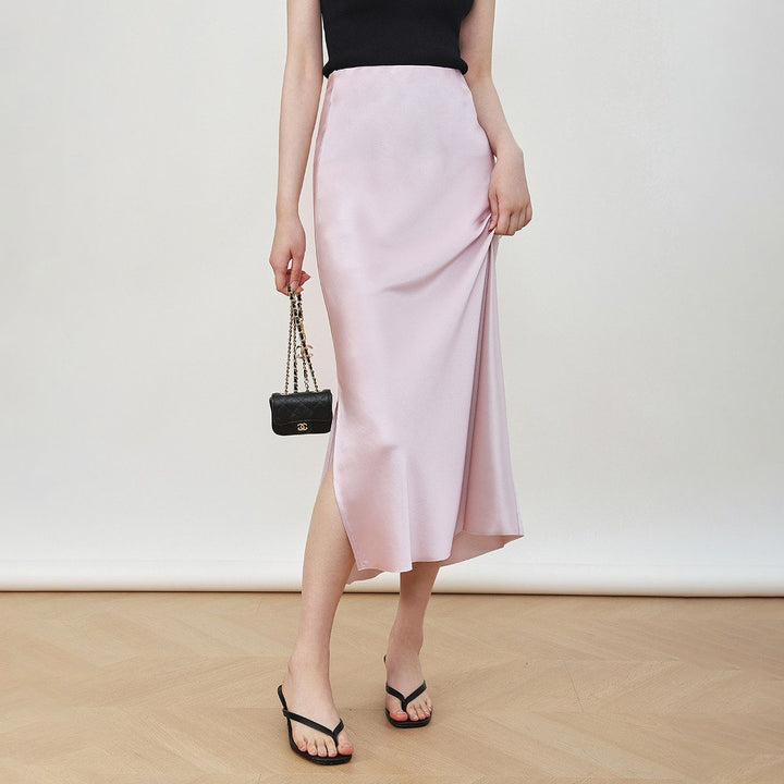 22 Momme Mulberry Charmeuse Silk Midi Skirt with Side Slit