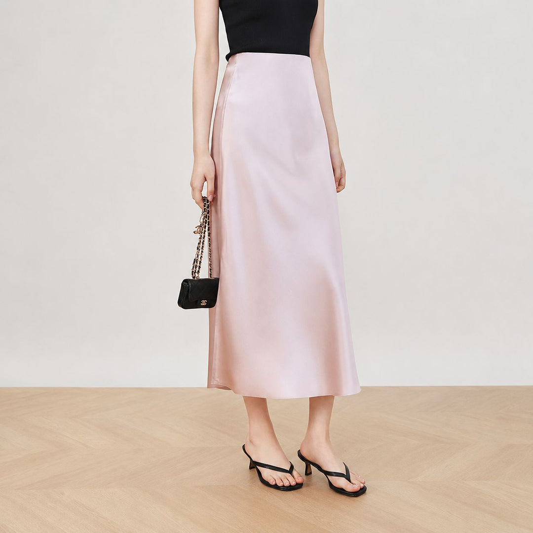 22 Momme Mulberry Charmeuse Silk Midi Skirt with Side Slit
