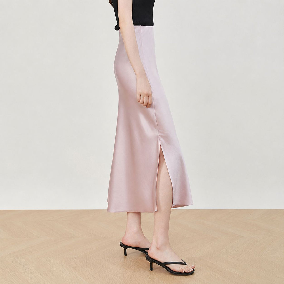 22 Momme Mulberry Charmeuse Silk Midi Skirt with Side Slit