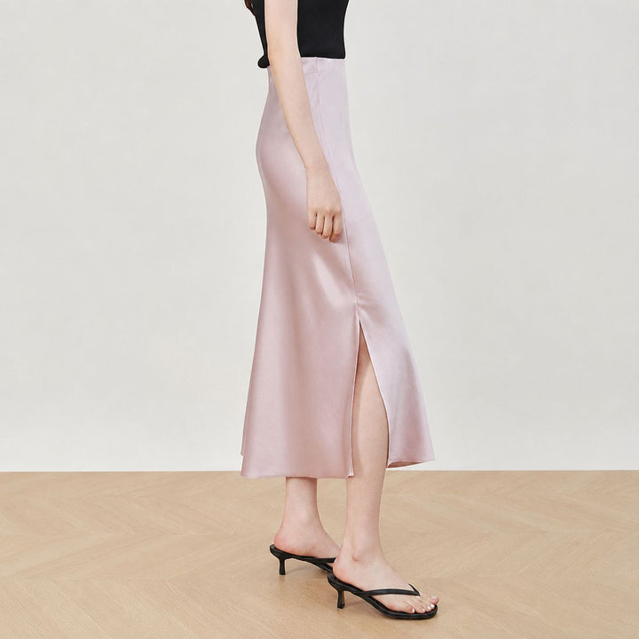 22 Momme Mulberry Charmeuse Silk Midi Skirt with Side Slit