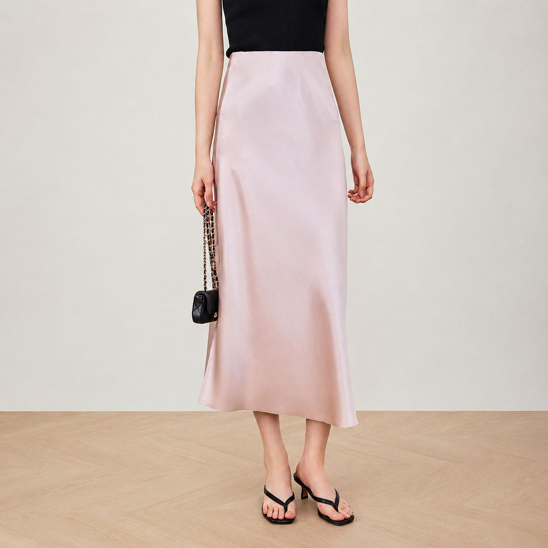 22 Momme Mulberry Charmeuse Silk Midi Skirt with Side Slit