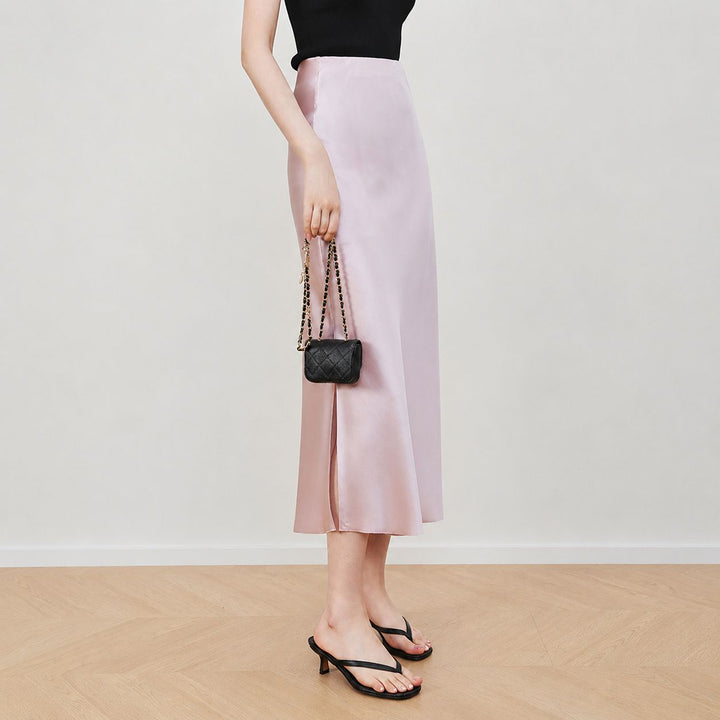 22 Momme Mulberry Charmeuse Silk Midi Skirt with Side Slit