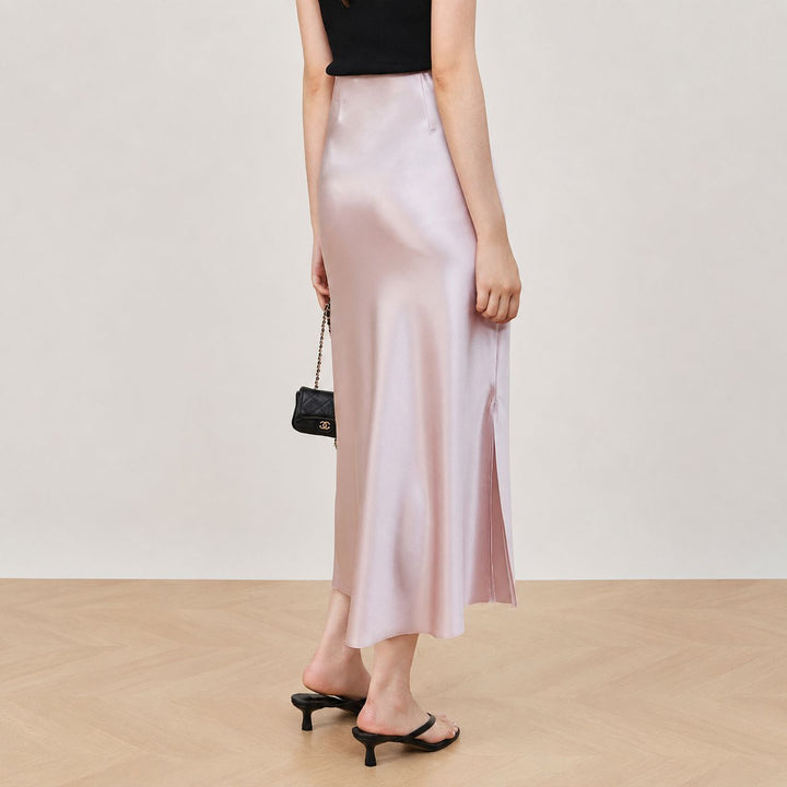 22 Momme Mulberry Charmeuse Silk Midi Skirt with Side Slit