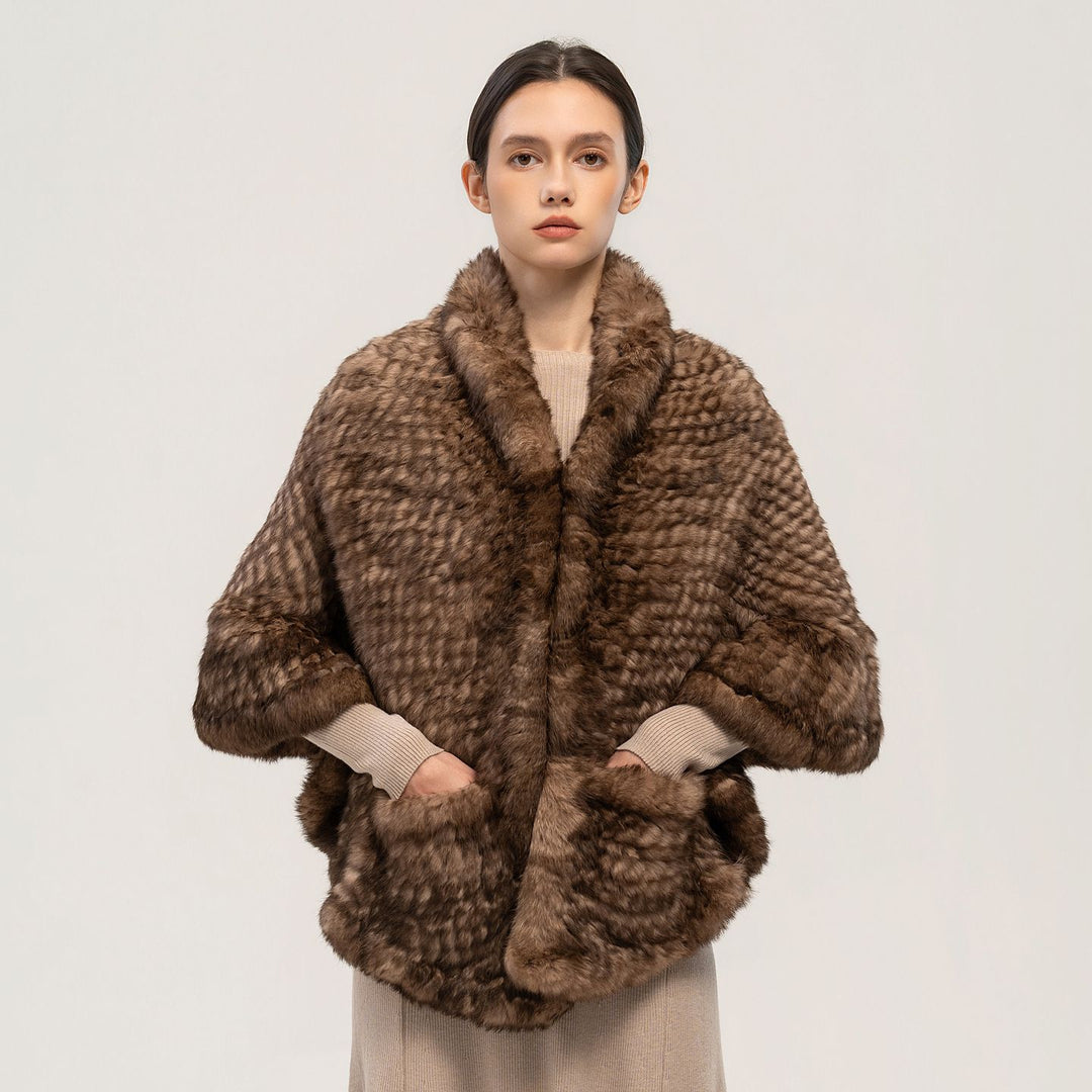Rabbit Fur Knitted Shawl Wrap with Pockets Affordable Fur Coat