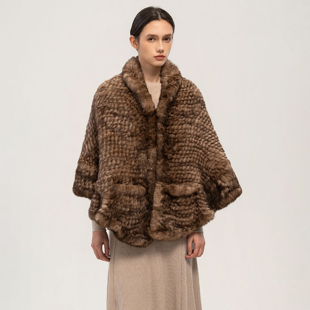 Rabbit Fur Knitted Shawl Wrap with Pockets Affordable Fur Coat