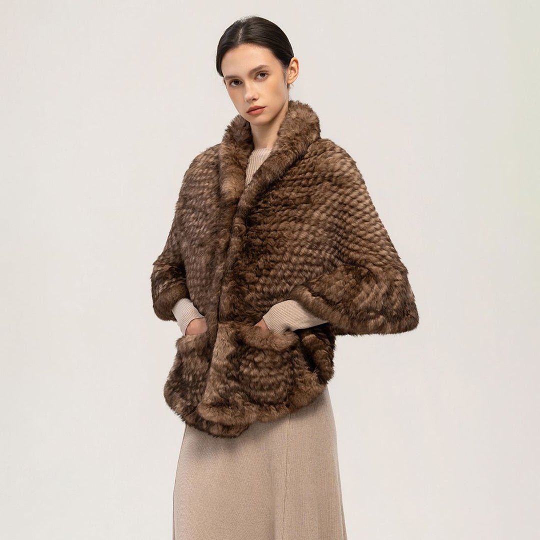 Rabbit Fur Knitted Shawl Wrap with Pockets Affordable Fur Coat