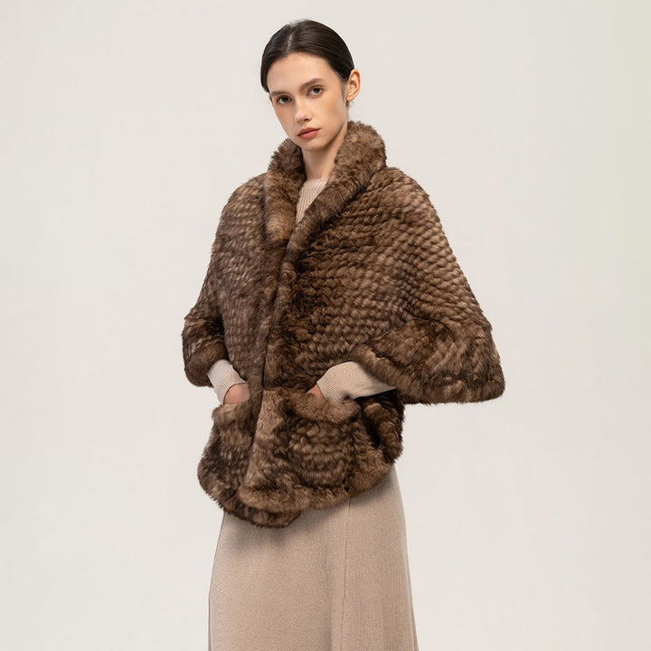Rabbit Fur Knitted Shawl Wrap with Pockets Affordable Fur Coat