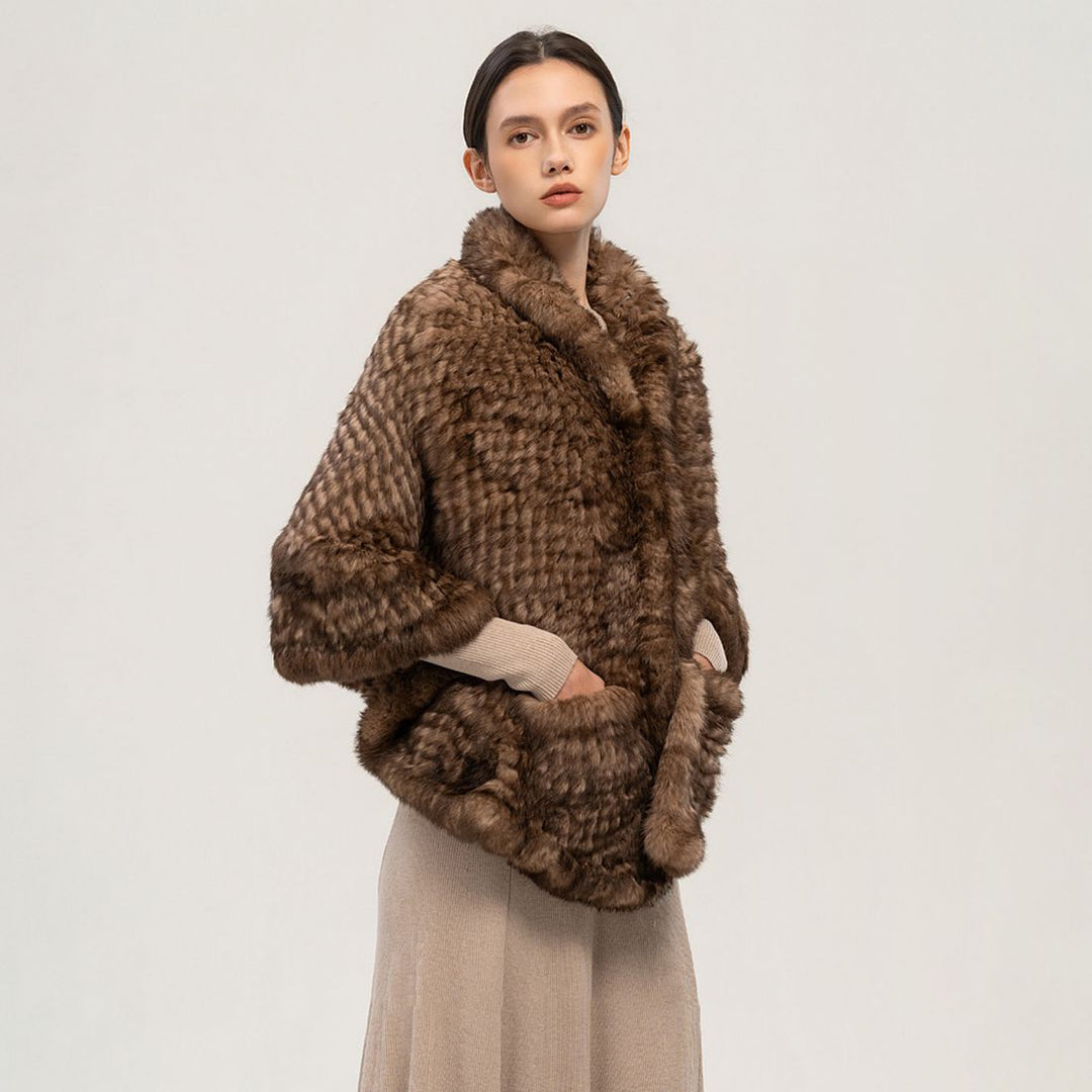 Rabbit Fur Knitted Shawl Wrap with Pockets Affordable Fur Coat