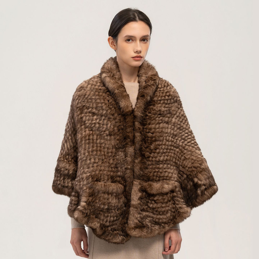 Rabbit Fur Knitted Shawl Wrap with Pockets Affordable Fur Coat
