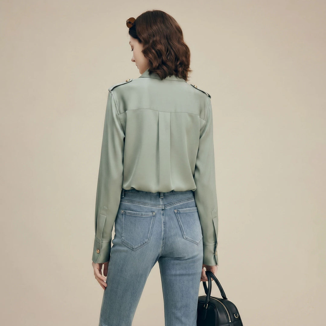 30 Momme Women’s Silk Crepe Utility Shirt with Flap Pockets