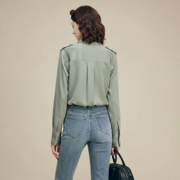 30 Momme Women’s Silk Crepe Utility Shirt with Flap Pockets